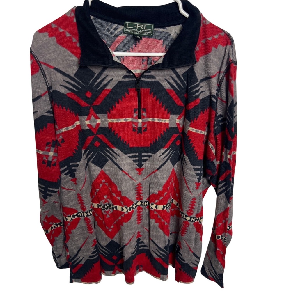 Lauren Active Ralph Lauren Aztec Western Quarter Zip Pullover Red Grey 2X Cotton